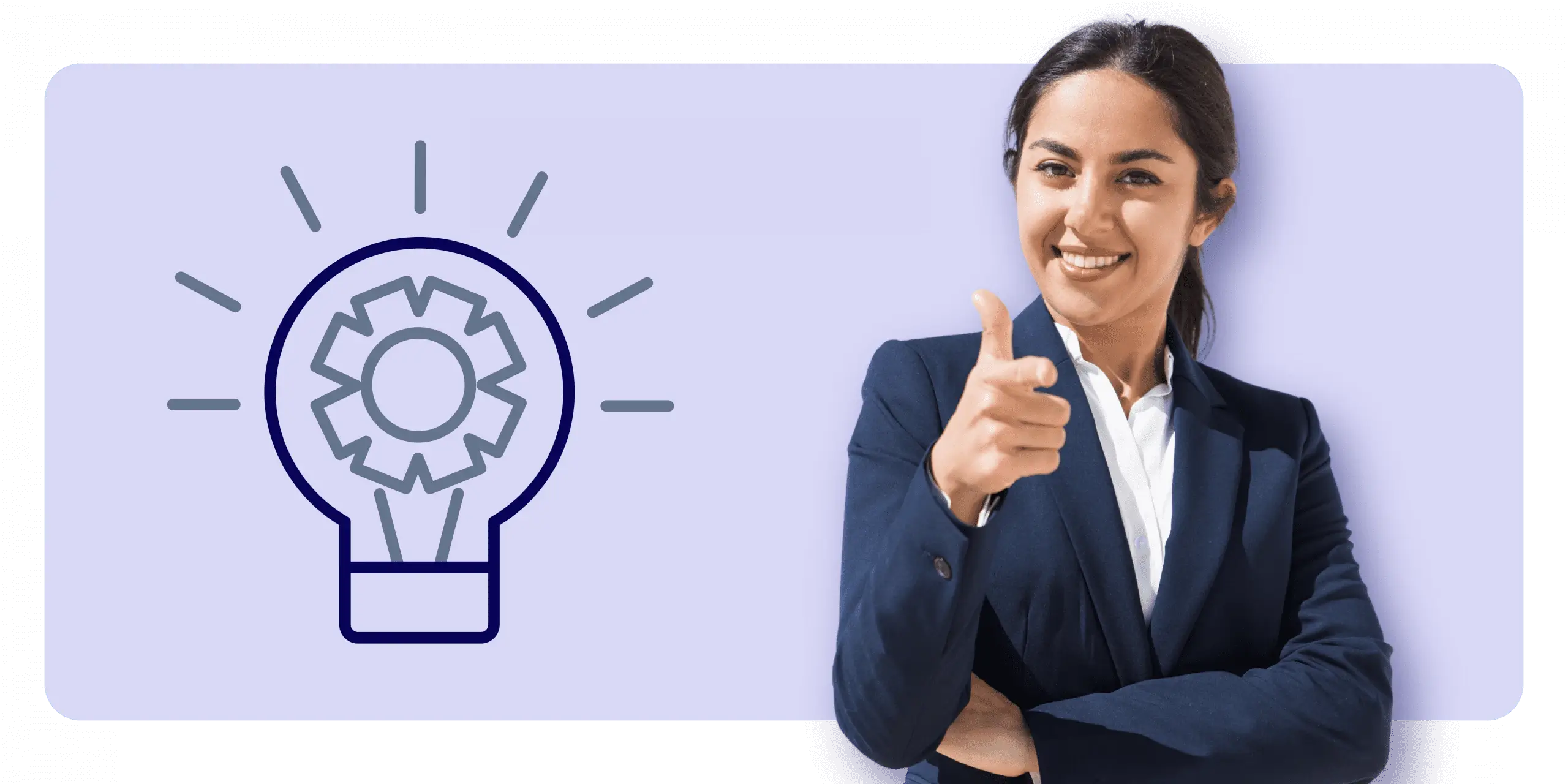 A confident businesswoman in a navy blazer and white shirt smiling and giving a thumbs-up, standing next to a graphic of a lightbulb with a gear inside, symbolizing innovation and ideas.