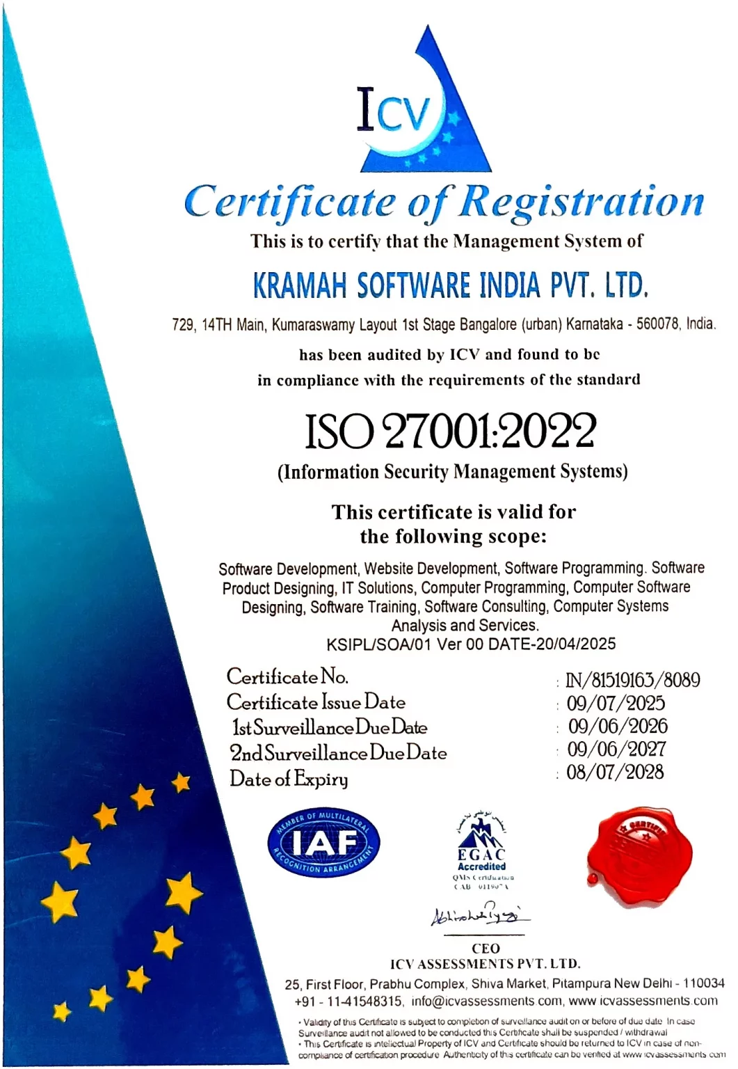 kramah software is ISO 27001:2022 certified